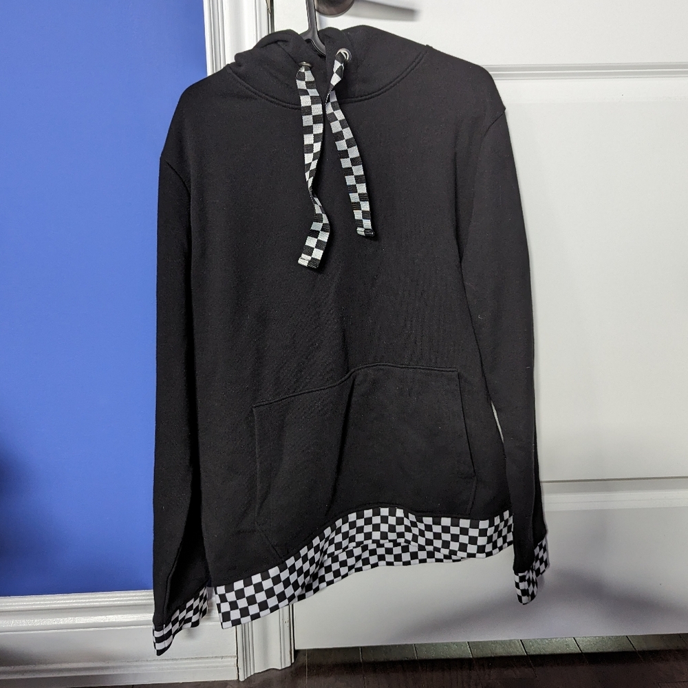 Forever 21 Black Hoodie with Black and White Checkered Trim Men's Small